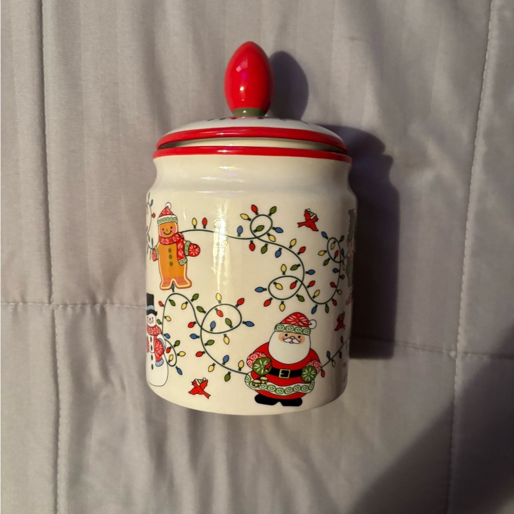 Festive Holiday Cookie Jar with Red Lid